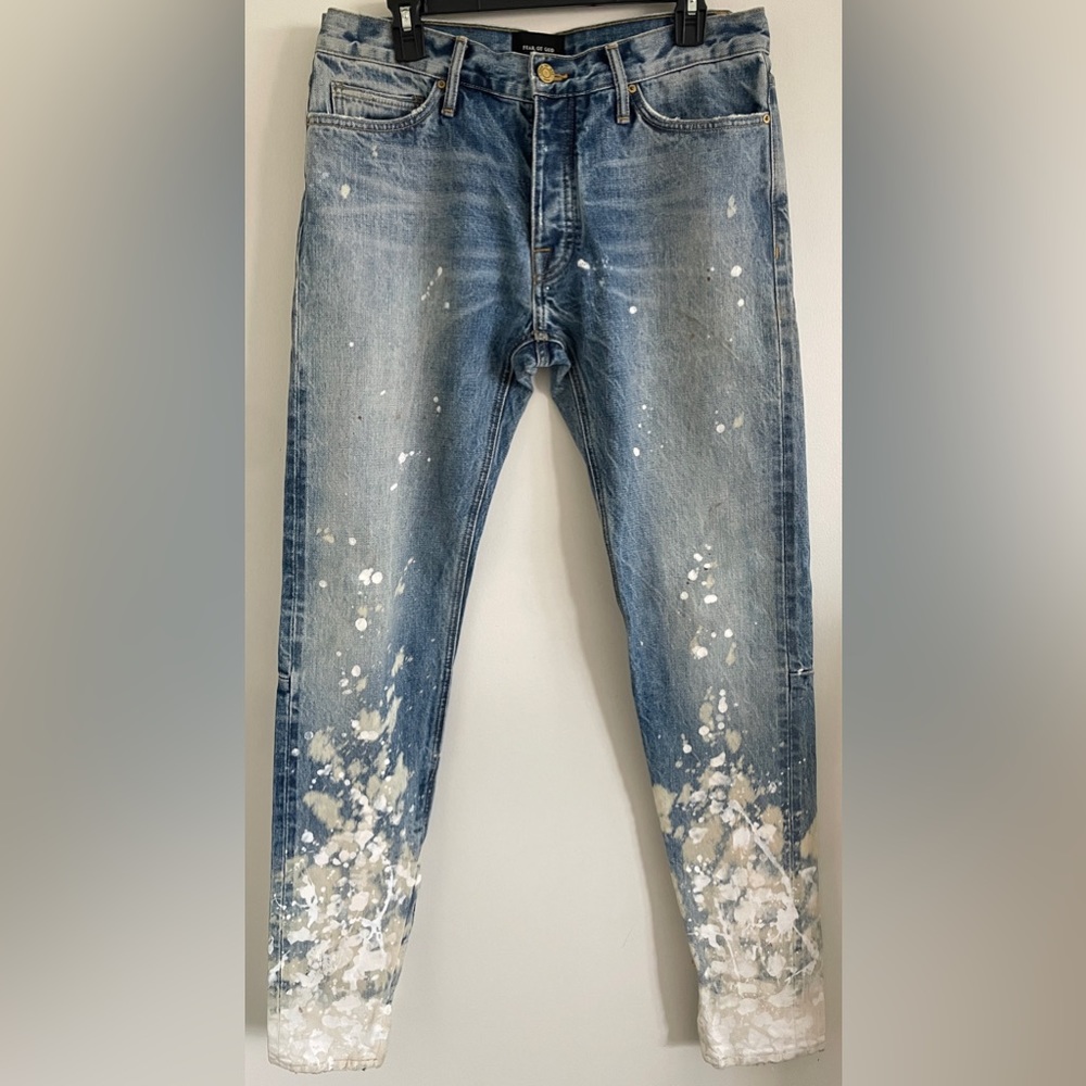 FEAR OF GOD 33W Indigo Blue Paint splatter denim jeans FIFTH Collection
